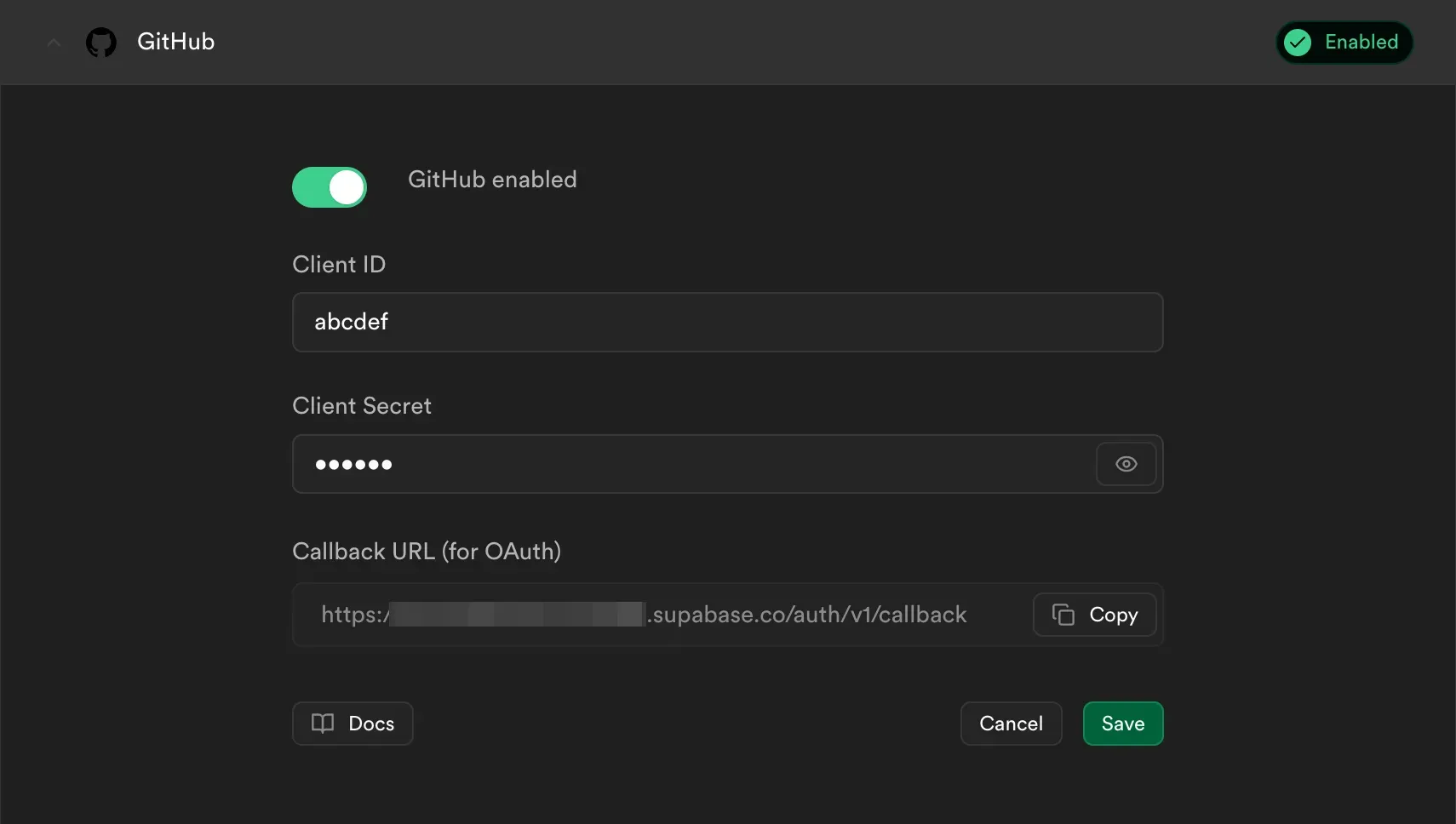Supabase: Sign in with GitHub Settings